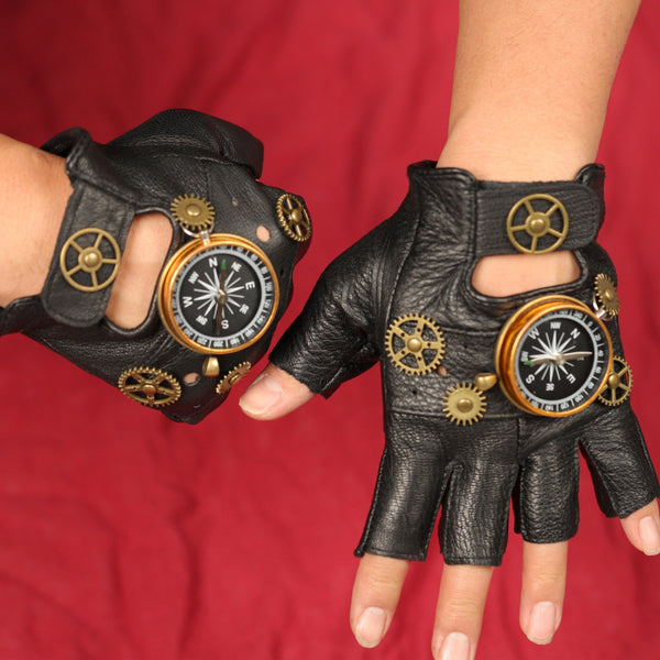 European And American Steampunk Leather Gloves Gear Half Finger Gloves Compass Retro