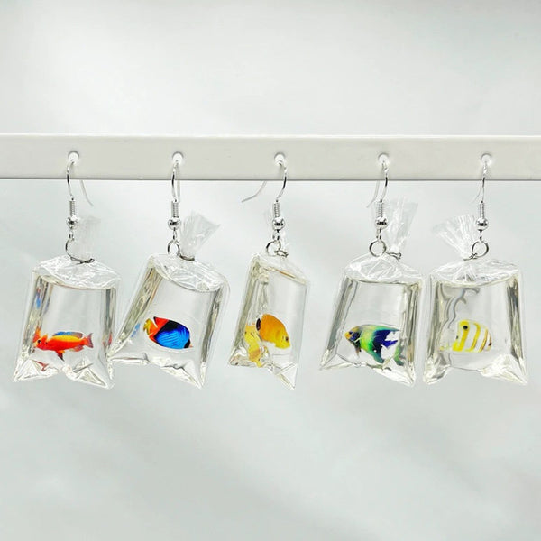 Water Bag Earrings Tropical Fish Clear Resin Christmas