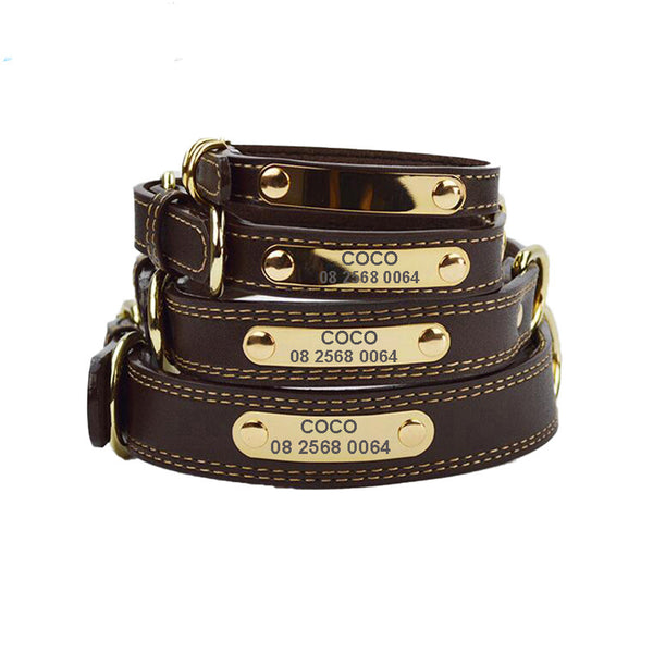 Genuine Leather Dog Collars with Engraved Nameplate