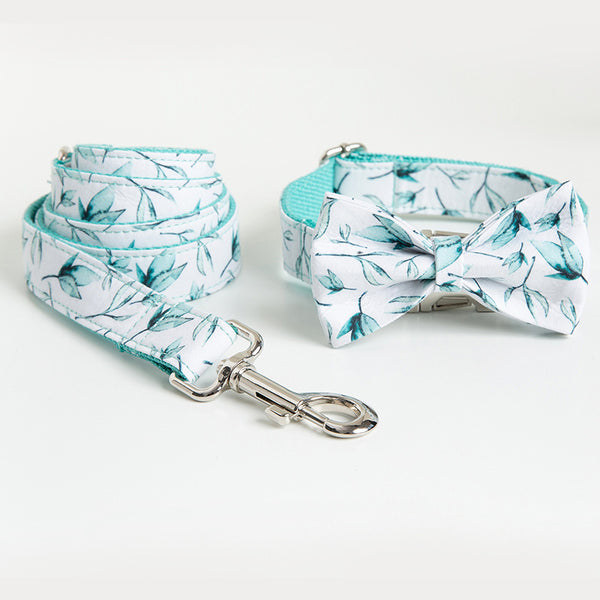 Personalized Adjustable Tree Leaf Printed Dog Collar Leash Set with Bow Tie