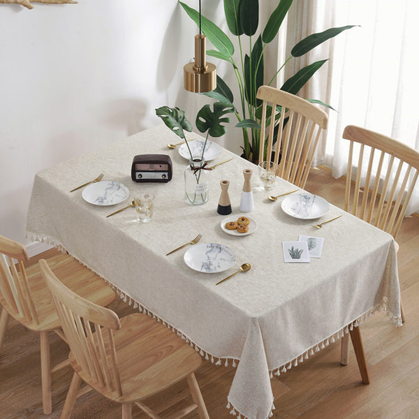 Nordic Simple Slub Hemp Solid Color Tassel Tablecloth