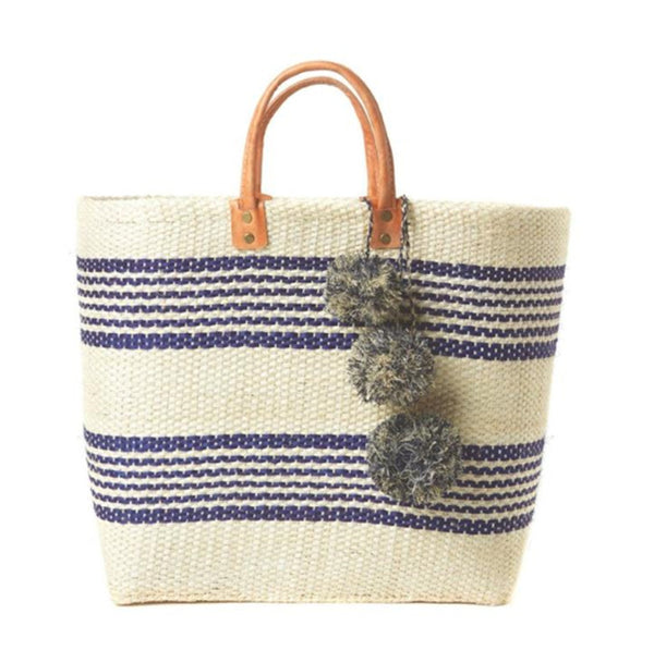 Bohemian Holiday Striped Pompom Straw Bag