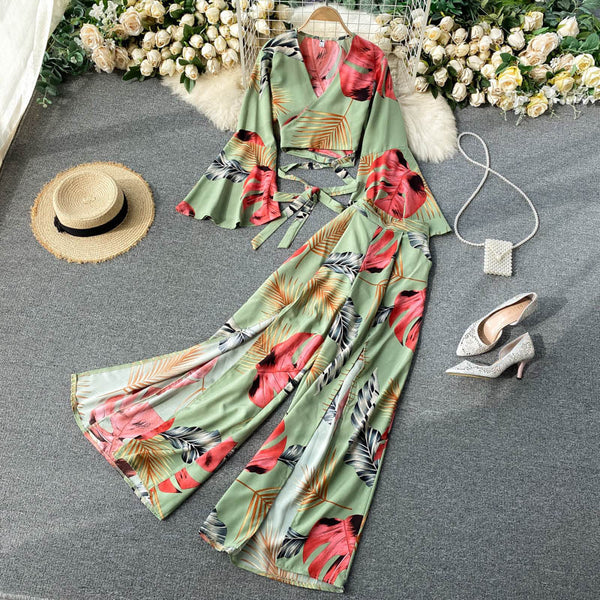 European And American Style Two-Piece Suit Net Celebrity Holiday Style Tropical Print Tie Top High Waist Split Wide Leg Pants