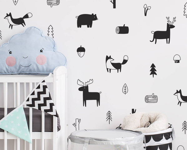 Nordic Style Forest Animal Wall Decals , Woodland Tree Nursery Vinyl Art Wall Stickers Children Room Modern Wall Decor