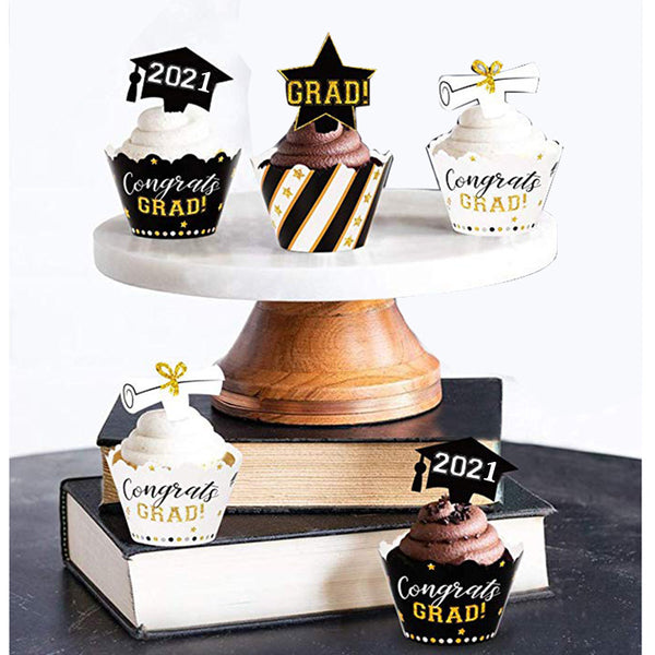 Black Gold Graduation Cake Cup Circle Decoration Circle Party Supplies Set