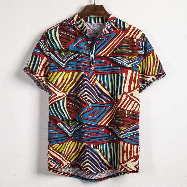 Men's Tropical Ethnic Print Cotton Linen Shirt