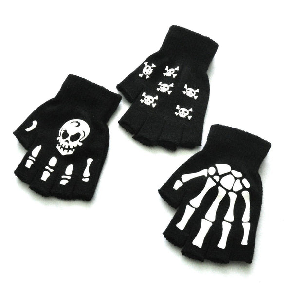 Warm Knitted Half Finger Gloves Halloween Luminous Skull