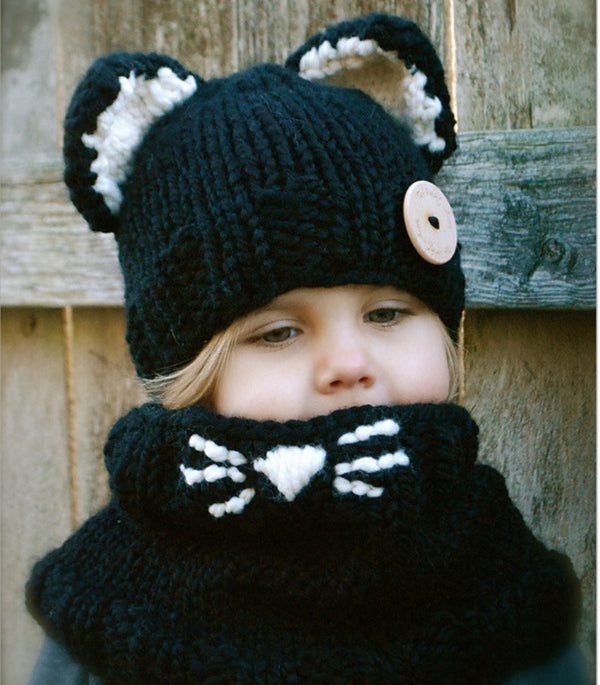 Knit hat children's animal cat ears set hat hand-knitted warm neck bonnet