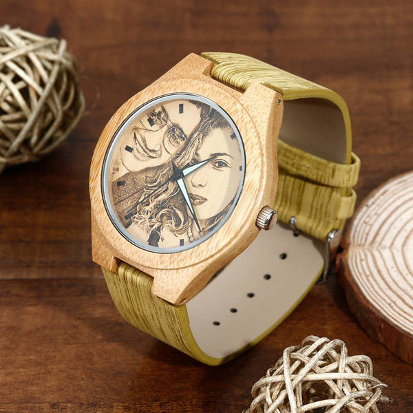 Women's Engraved Bamboo Photo Watch Wooden Leather Strap 40mm