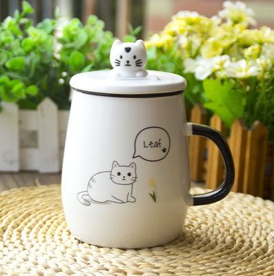 Ceramic cup with lid with spoon cartoon cup creative mug cute Korean student drinking water cat cup