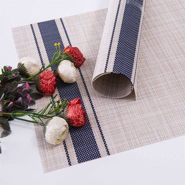 PVC Placemat Japanese Linen Striped Non-slip Placemat Easy To Clean Woven Western Food Thermal Shielded Pad Coaster Table Towel Table Runner