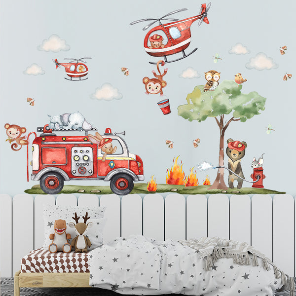 Cartoon Animal Fire Truck Helicopter Kindergarten Decorative Wallpaper Self-adhesive And Removable Wall Stickers