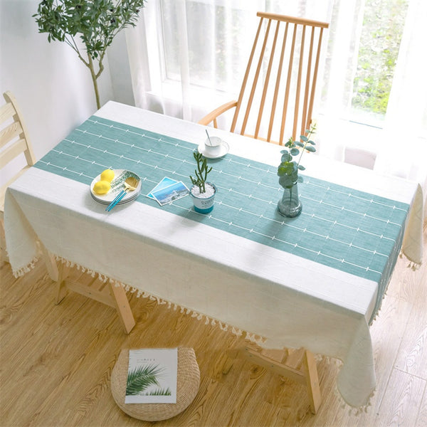 Home Simple Fabric Striped Tassel Chinese Cotton Linen Tablecloth