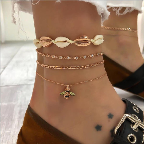 Popular Beach Women's Anklet Shell Weave Diamond Chain Full Diamond Bee Pendant Multilayer Footwear