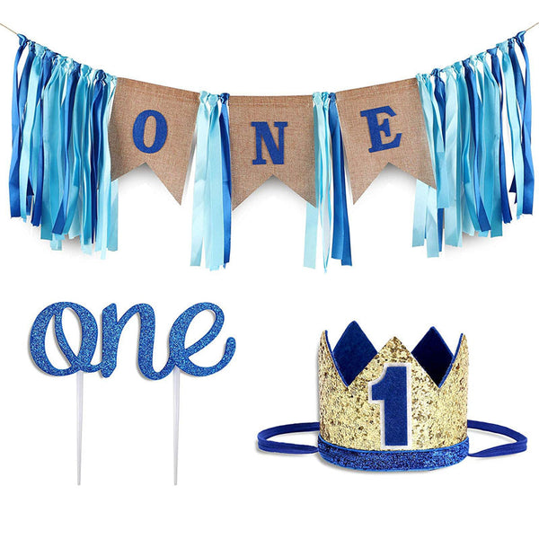 Boy Birthday Party Decoration Blue ONE Table Runner Hat Cake