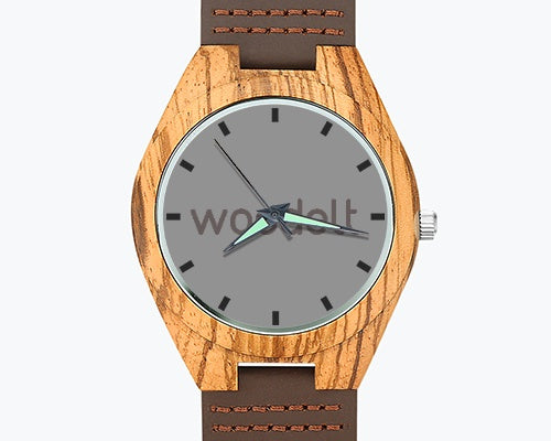 Men's Engraved Wooden Photo Watch Brown Leather Strap 45mm