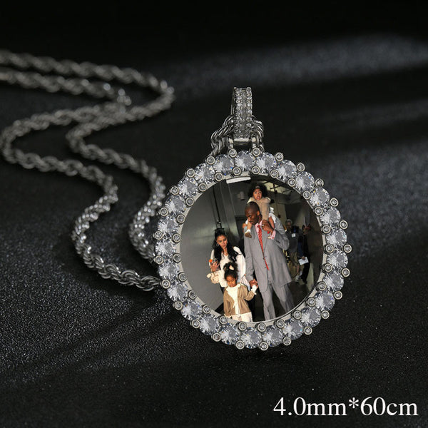 Hip Hop Diamond Round Photo Frame Couple Memorial Photo Pendant Necklace