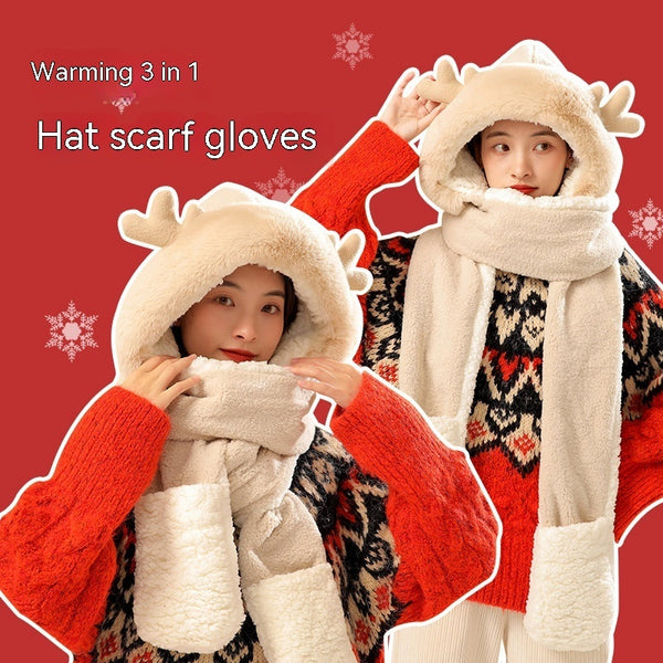 Christmas Elk Ear Hat Scarf Gloves Integrated Three-piece Set