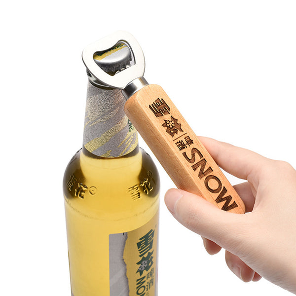 Customized Rubber Wood Handle Bottle Opener With Engraving Creative Stainless Steel Cap Opener