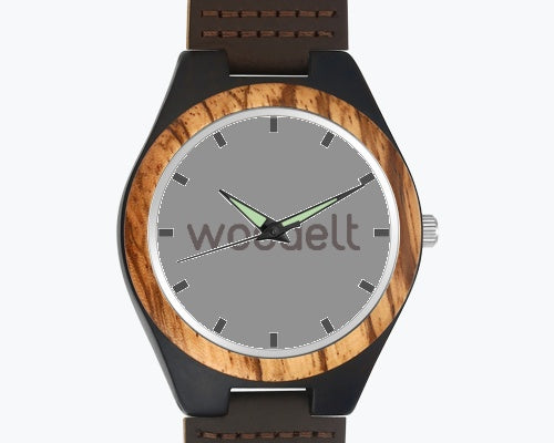 Men's Engraved Wooden Photo Watch Brown Leather Strap