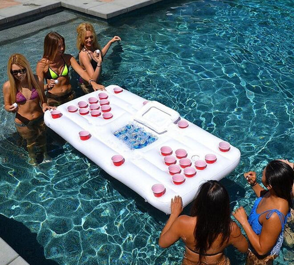 Inflatable Water Party Float - Ice Bucket, Cup Holders & Pong Table