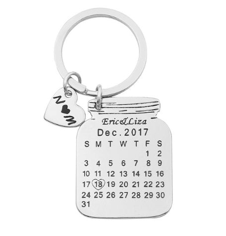 Heart Shaped, Personalized Calendar Keychain Custom Gift Engraved Heart Date Name Stainless Steel Key Chain Graduation Anniversary Birthday