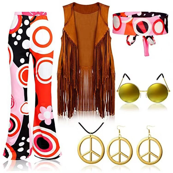 70's Hippie Party Vintage Clothing Tassel Vest Pants Headscarf Suit