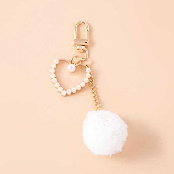 Cute White Plush Ball Keychain Fashion Pompoms Pearls Heart Charms Key Chain