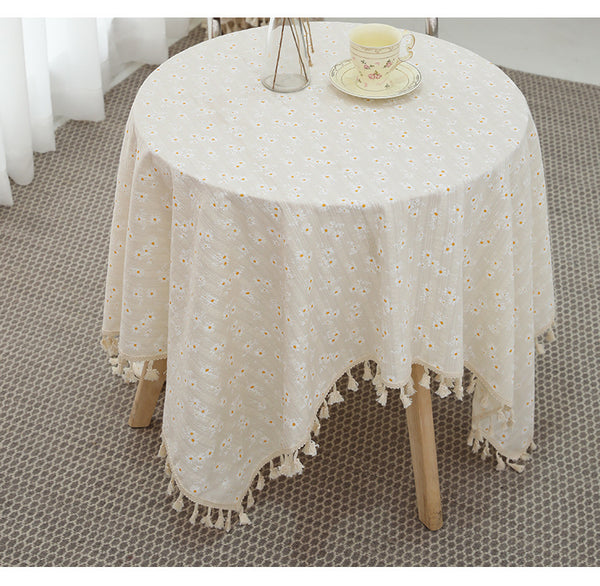 Cotton Linen Embroidery Daisy Tablecloth Decorative Macrame Table Cover Fashion Tassel Table Cloth