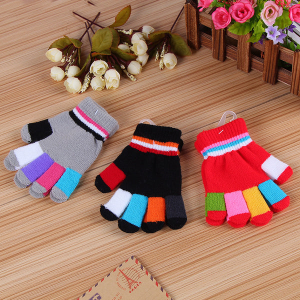 Knitted Thick Color Striped Full Finger Warm Gloves