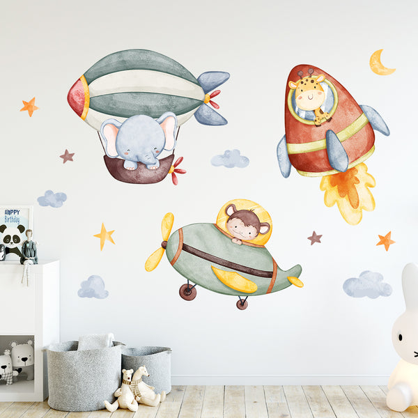 Cartoon Cute Elephant Animal Rocket Hot Air Balloon Wall Sticker