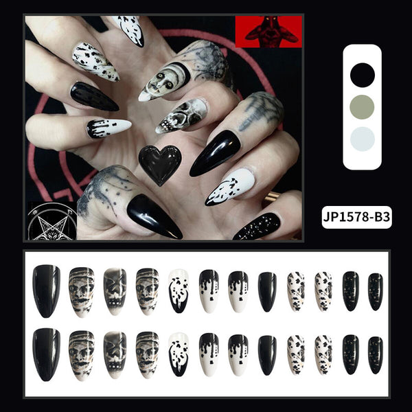 Long Almond Water Drop Fake Nail Patch Halloween Skull Wear Manicure