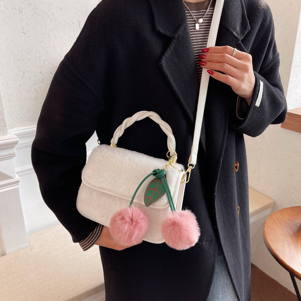 Fashion Plush Shoulder Bag With Pompom Cherry Pendant