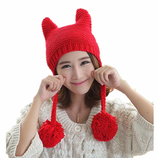 Warm Women's Hand Knitted Kawaii Cat Ears Hat