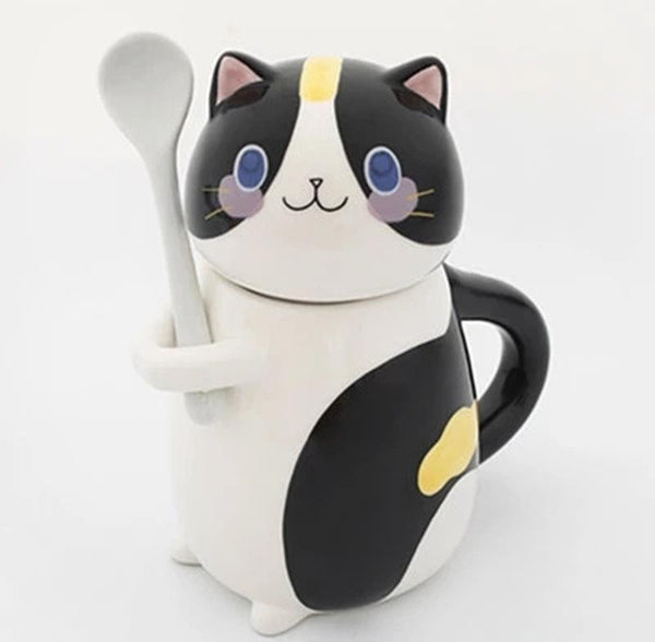 Cute Cat Ceramics Coffee Mug With Spoon Creative Hand Painted Drinkware Milk Tea Cups Novelty Gifts