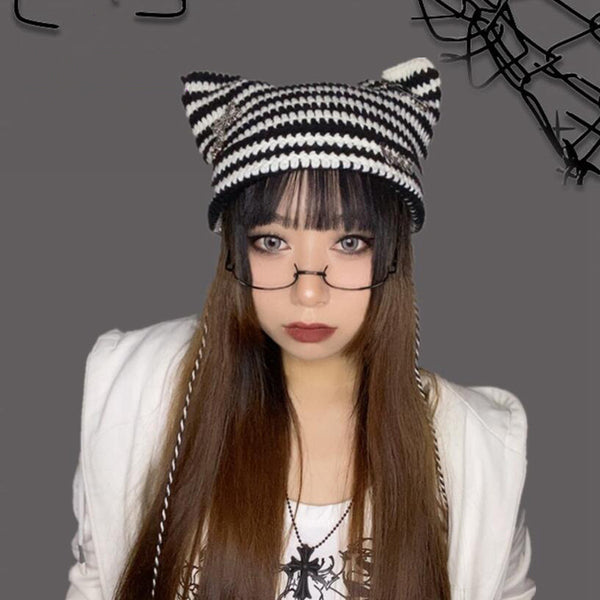 Handmade Punk Cat Ears Cross Ball WoolCap