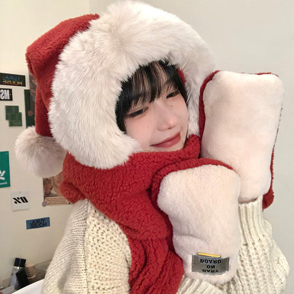 Korean Style Red Christmas Hat Scarf Integrated Women's Winter Cute Plush Warm Ear Protection Scarf Gloves Three-piece Set