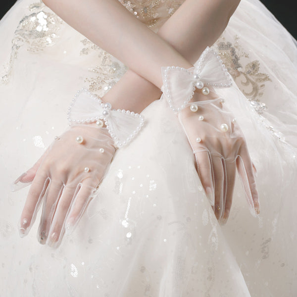 Wedding Gloves Bridal Handmade Pearl White Bow Gloves