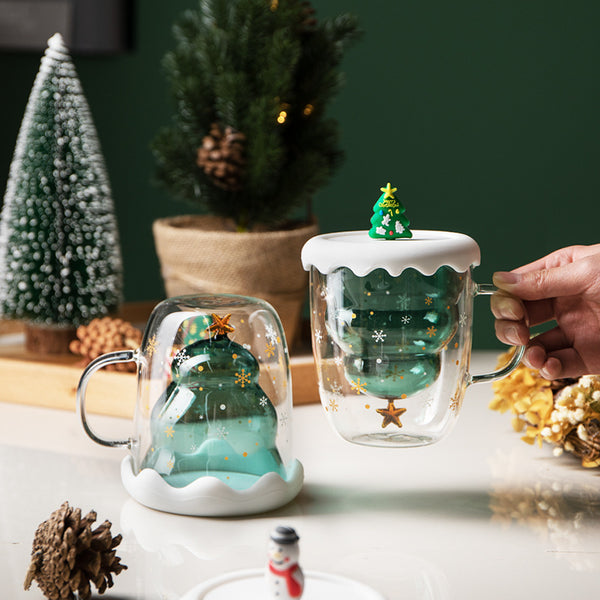 Double Heat Resistant Glass Coffee Cup Christmas Tree With Handle And Lid Milk Water Cup Cute Household Breakfast Mug