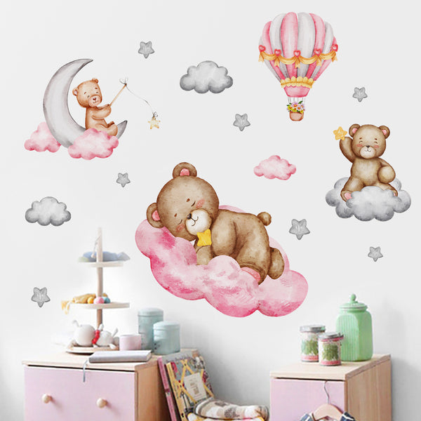 Cartoon Animal Bear Hot Air Balloon Self-adhesive Wall Sticker