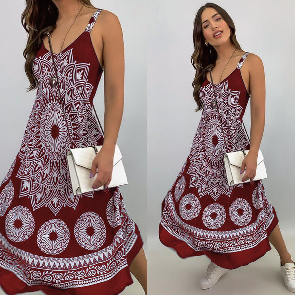 Summer Vintage Elegant Print V-neck Sleeveless Beach Party Long Dress