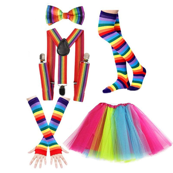 Neon Ball Party Rainbow Striped Gloves Bow Tie Suspenders Stockings Skirt Suit