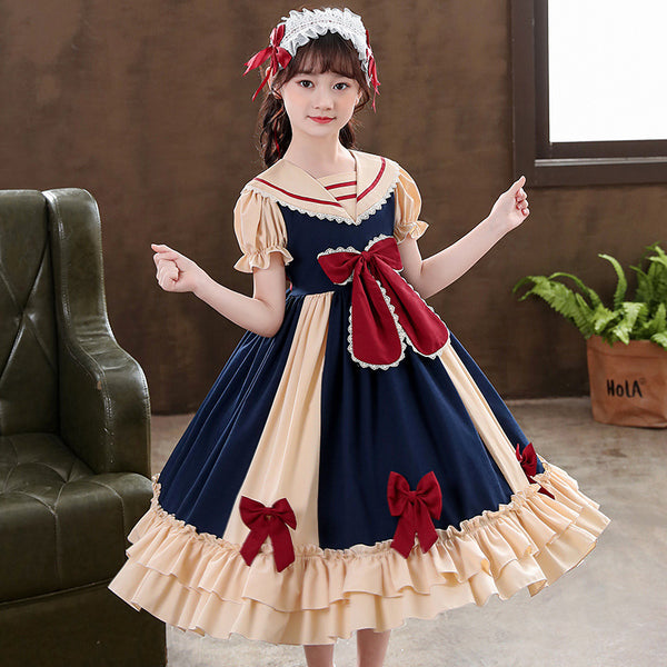 Girls Dress Pleated Bow Lolita Princess Dress