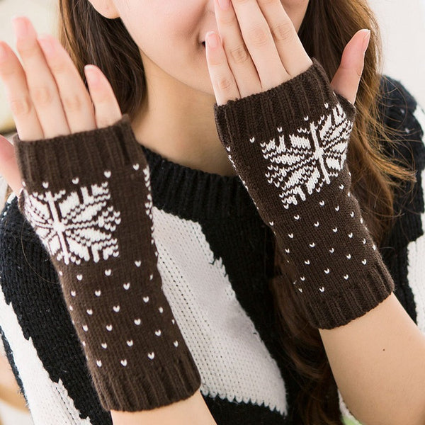 Knitted Half Finger Typing Warm Women Snowflake Christmas Gloves