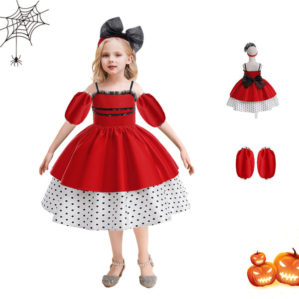 Girls Red Stitching Polka Dot Dress Costumes