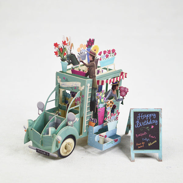 3D Three Dimensional Handwritten Birthday Card Flower Car Blessing Card