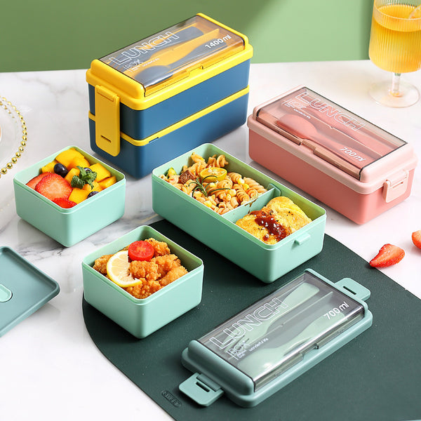 Plastic Lunch Box Microwavable Lunch Box Set Double Layer Divider With Cutlery