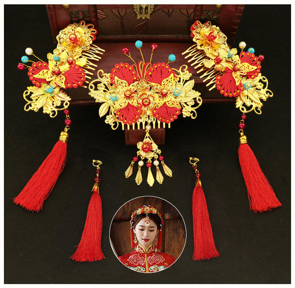 Costume Wedding Chinese Bride Red Tassel Hair Accessories