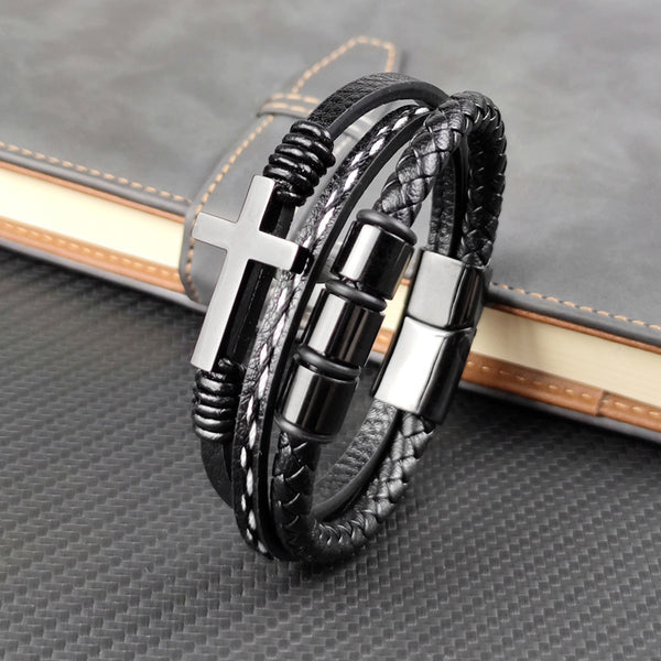 Cross Punk Design Black Leather Bracelet